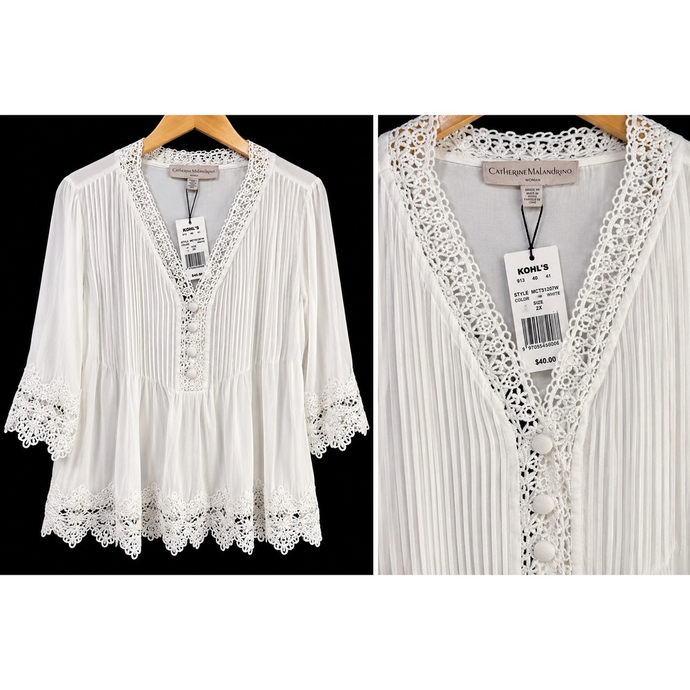 Catherine Malandrino White Crochet Lace Trim Pleated Blouse 2X New - Picture 2 of 4